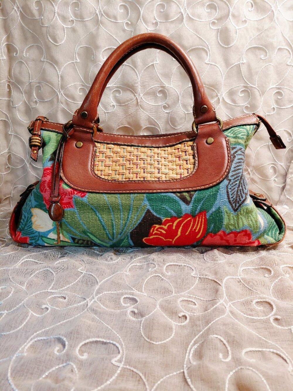 Fossil Vintage Floral Tapestry Leather Satchel Handbag